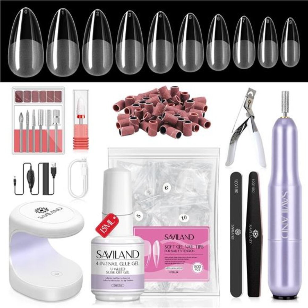 Almond Gel Nail Kit - Nail Drill with U V Lamp for Nails 500PCS Almond Nail Tips